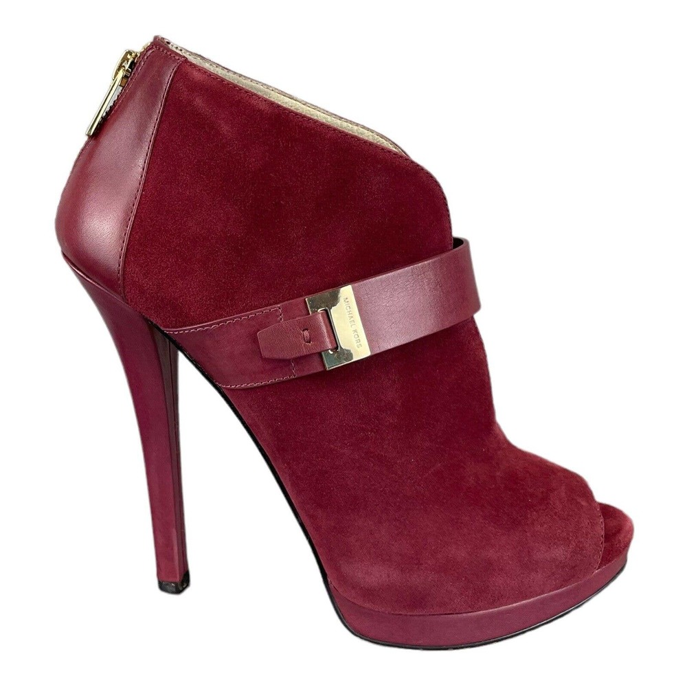 Michael Kors Womens 10 Guiliana Peep Toe Suede Bootie 5” High Heel Maroon Red